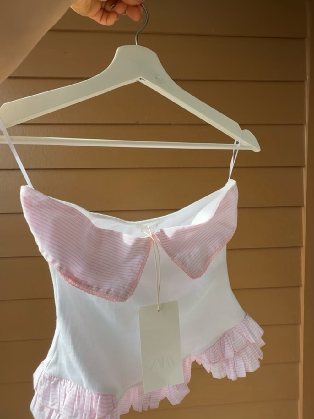 Zara White and Light Pink Ruffled Camisole with Striped Collar
